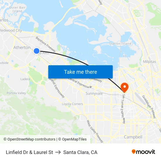 Linfield Dr & Laurel St to Santa Clara, CA map