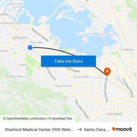 Stanford Medical Center (900 Welch Rd.) to Santa Clara, CA map