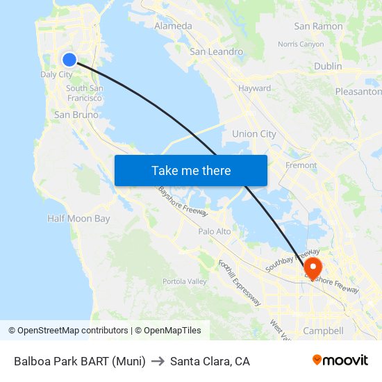 Balboa Park BART (Muni) to Santa Clara, CA map