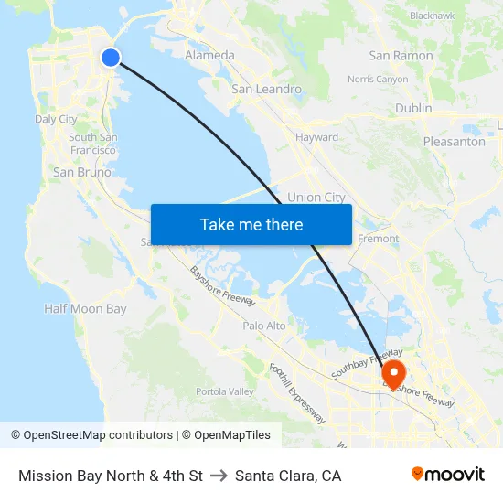 Mission Bay North & 4th St to Santa Clara, CA map