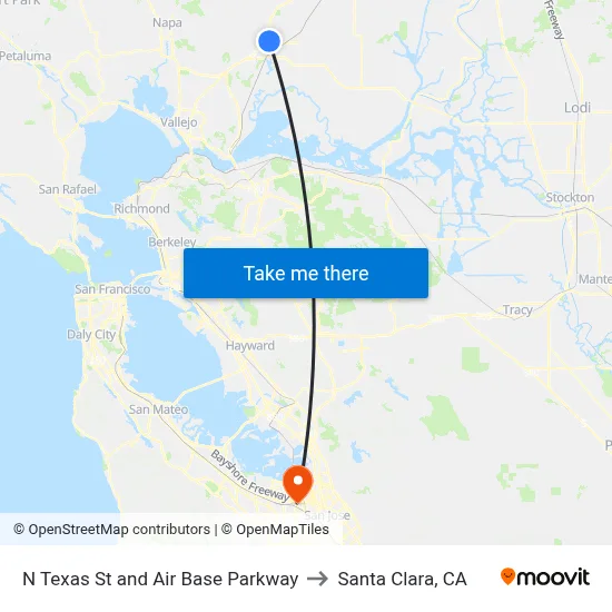 N Texas St and Air Base Parkway to Santa Clara, CA map