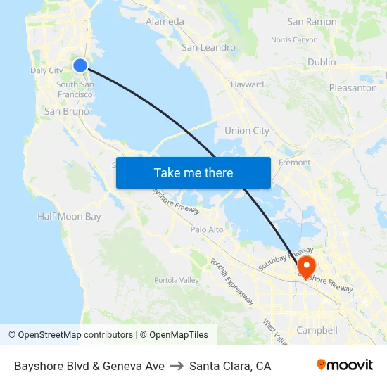 Bayshore Blvd & Geneva Ave to Santa Clara, CA map