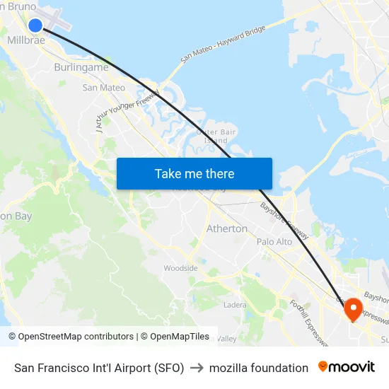 San Francisco Int'l Airport (SFO) to mozilla foundation map