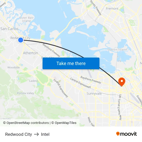Redwood City to Intel map
