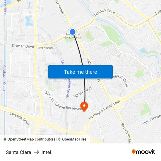 Santa Clara to Intel map