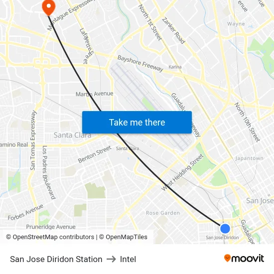 San Jose Diridon Station to Intel map