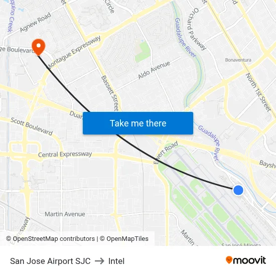 San Jose Airport SJC to Intel map