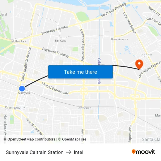 Sunnyvale Caltrain Station to Intel map