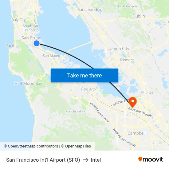 San Francisco Int'l Airport (SFO) to Intel map