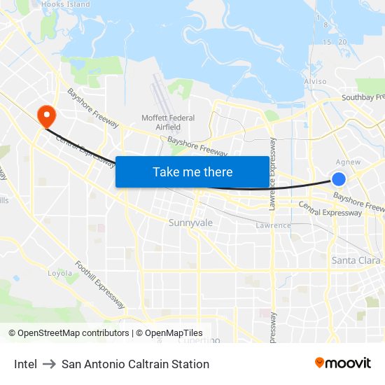 Intel to San Antonio Caltrain Station map