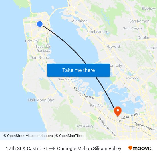 17th St & Castro St to Carnegie Mellon Silicon Valley map