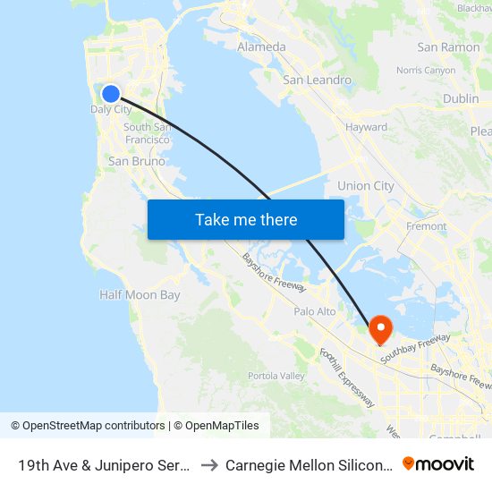 19th Ave & Junipero Serra Blvd to Carnegie Mellon Silicon Valley map