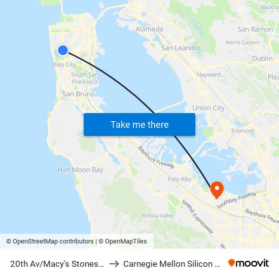 20th Av/Macy's Stonestown to Carnegie Mellon Silicon Valley map