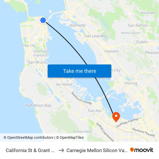 California St & Grant Ave to Carnegie Mellon Silicon Valley map