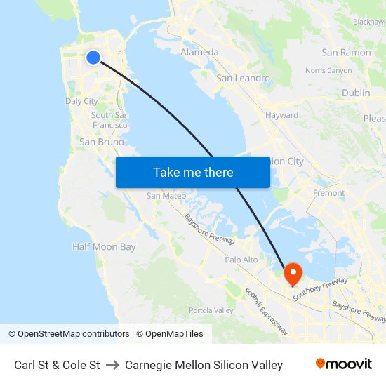 Carl St & Cole St to Carnegie Mellon Silicon Valley map