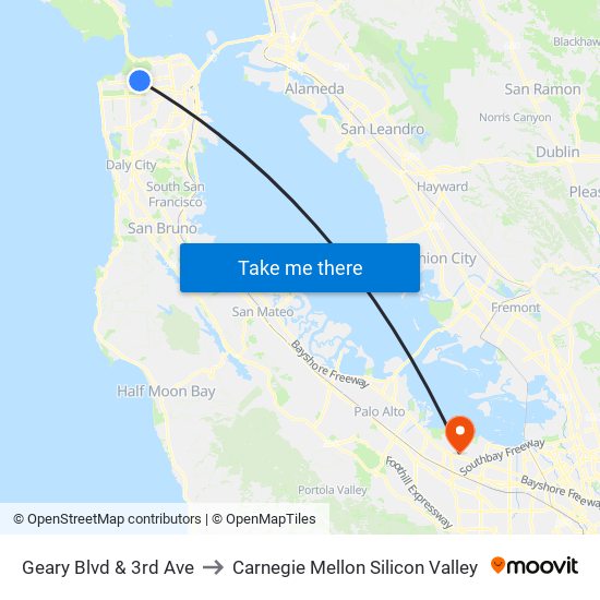 Geary Blvd & 3rd Ave to Carnegie Mellon Silicon Valley map