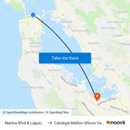 Marina Blvd & Laguna St to Carnegie Mellon Silicon Valley map