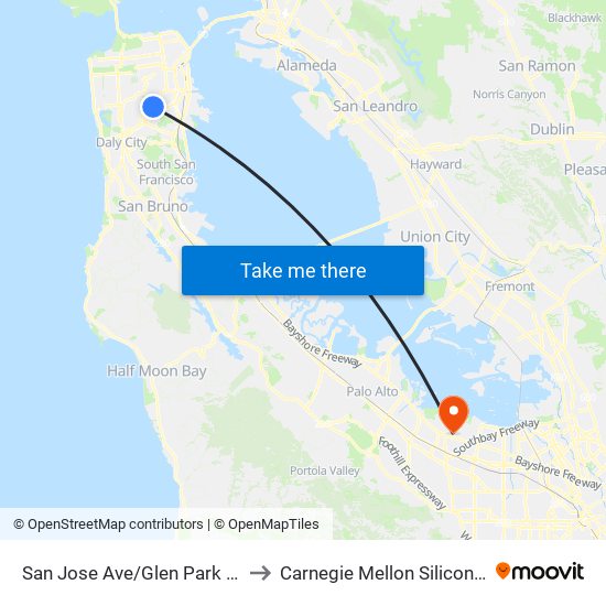 San Jose Ave/Glen Park Station to Carnegie Mellon Silicon Valley map