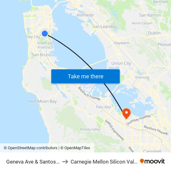 Geneva Ave & Santos St to Carnegie Mellon Silicon Valley map