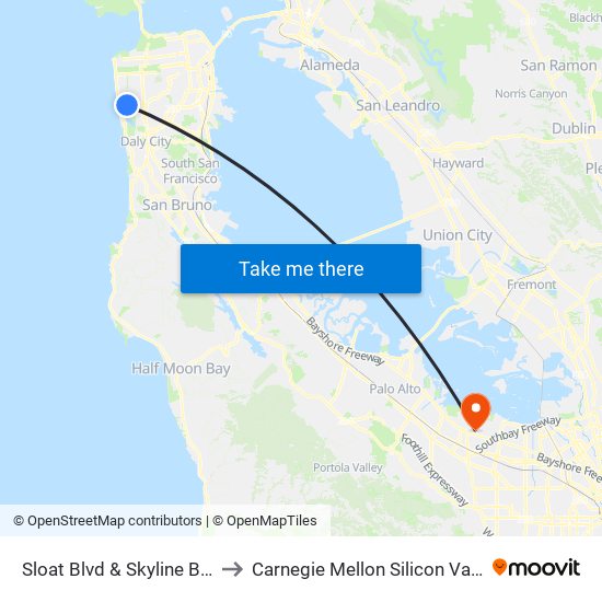 Sloat Blvd & Skyline Blvd to Carnegie Mellon Silicon Valley map