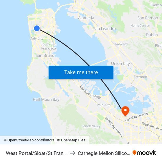 West Portal/Sloat/St Francis Circle to Carnegie Mellon Silicon Valley map