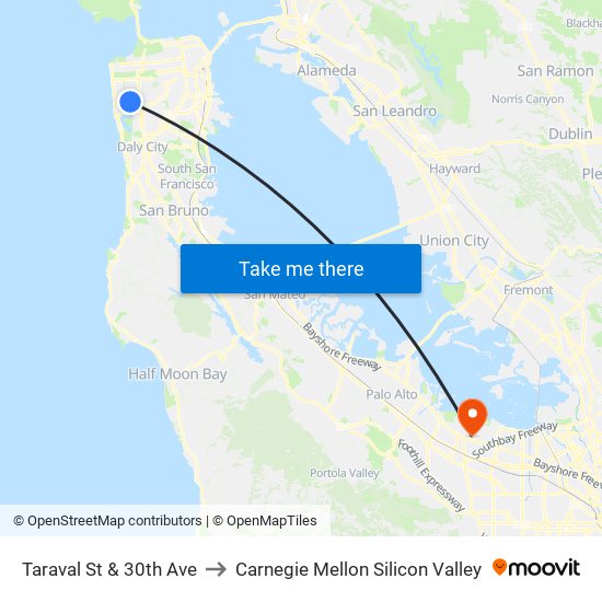 Taraval St & 30th Ave to Carnegie Mellon Silicon Valley map