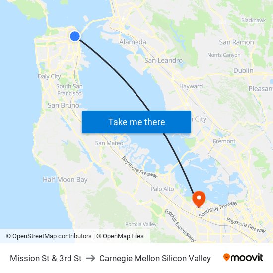 Mission St & 3rd St to Carnegie Mellon Silicon Valley map