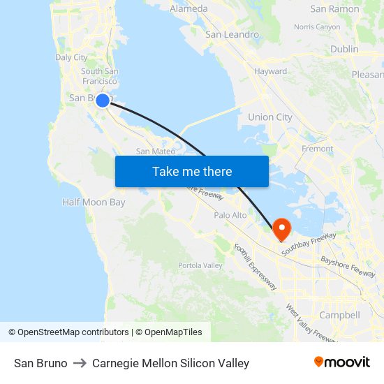 San Bruno to Carnegie Mellon Silicon Valley map