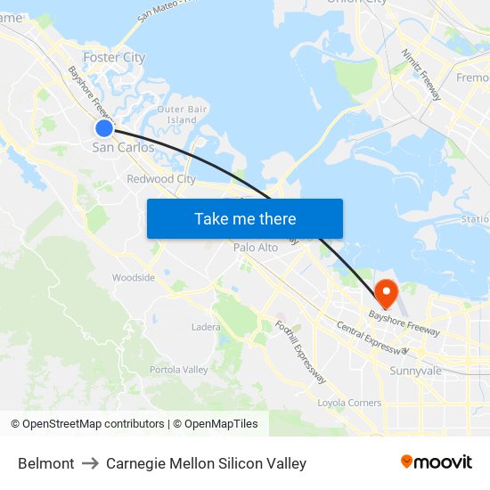 Belmont to Carnegie Mellon Silicon Valley map