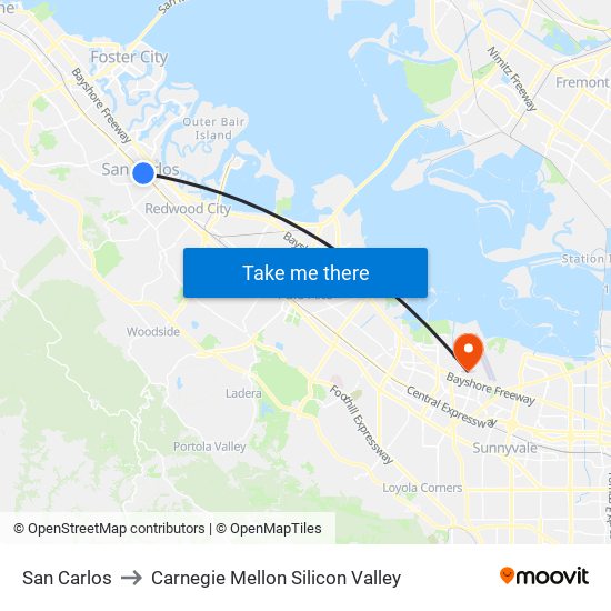 San Carlos to Carnegie Mellon Silicon Valley map