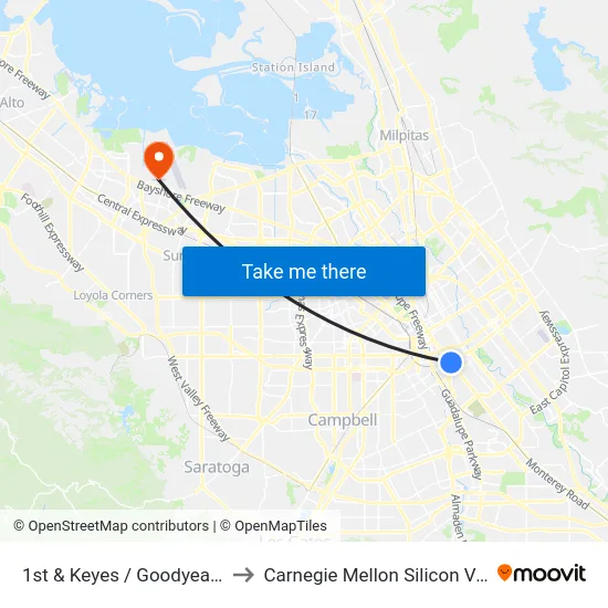 1st & Keyes / Goodyear (N) to Carnegie Mellon Silicon Valley map