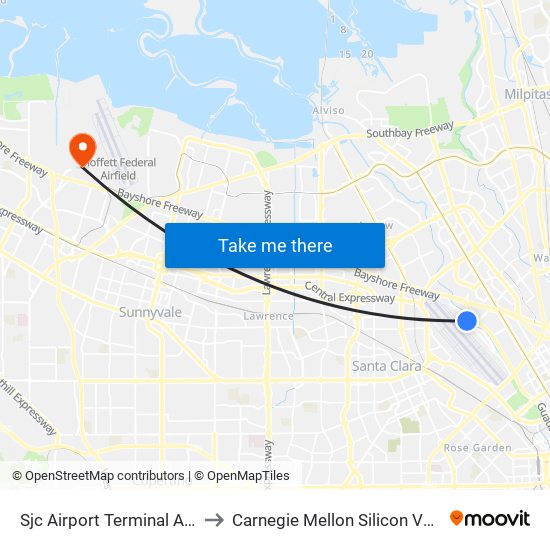 Sjc Airport Terminal A (S) to Carnegie Mellon Silicon Valley map