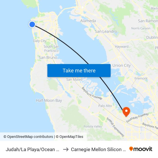 Judah/La Playa/Ocean Beach to Carnegie Mellon Silicon Valley map