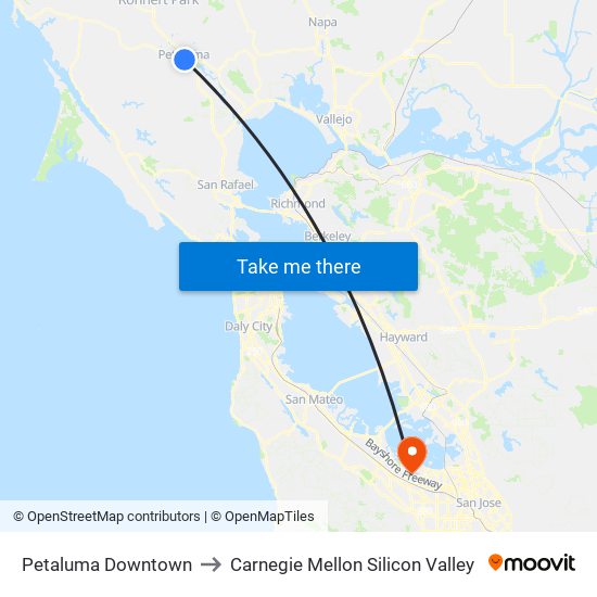 Petaluma Downtown to Carnegie Mellon Silicon Valley map