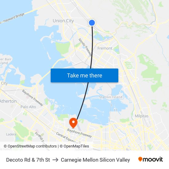 Decoto Rd & 7th St to Carnegie Mellon Silicon Valley map