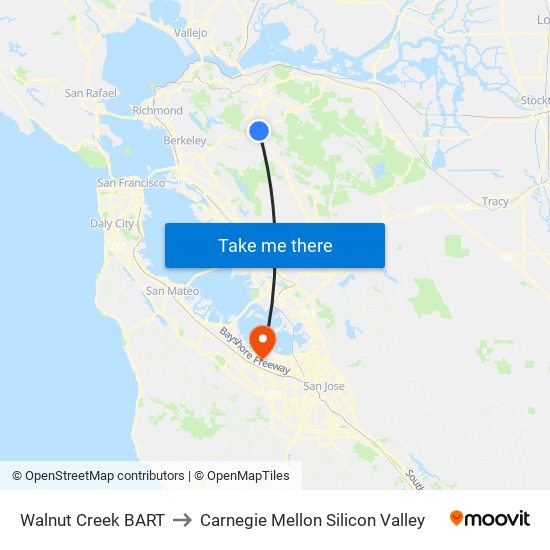 Walnut Creek BART to Carnegie Mellon Silicon Valley map