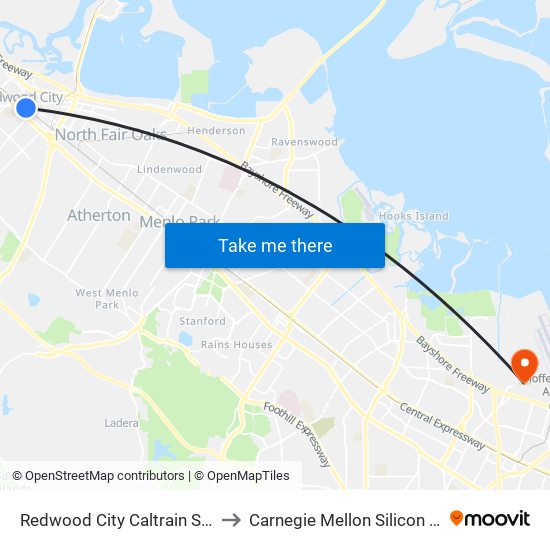 Redwood City Caltrain Station to Carnegie Mellon Silicon Valley map