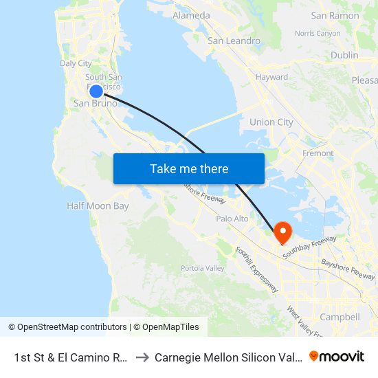 1st St & El Camino Real to Carnegie Mellon Silicon Valley map