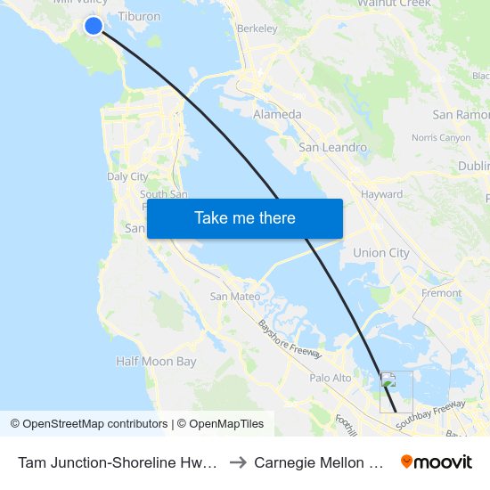 Tam Junction-Shoreline Hwy & Almonte Blvd to Carnegie Mellon Silicon Valley map