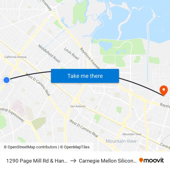 1290 Page Mill Rd & Hanover St to Carnegie Mellon Silicon Valley map