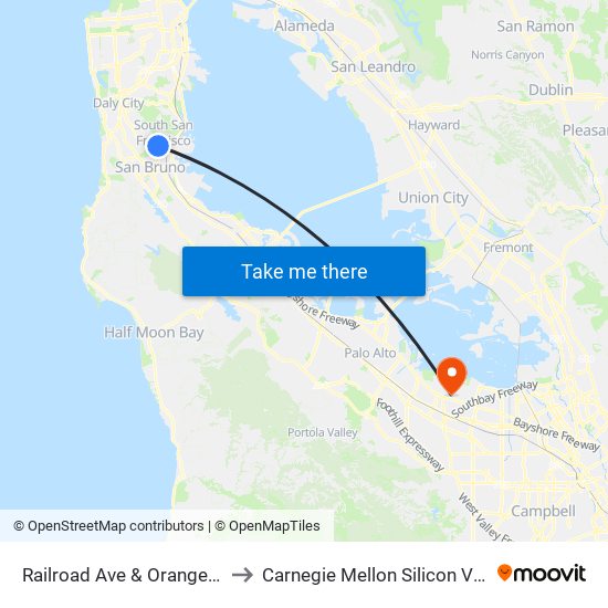 Railroad Ave & Orange Ave to Carnegie Mellon Silicon Valley map