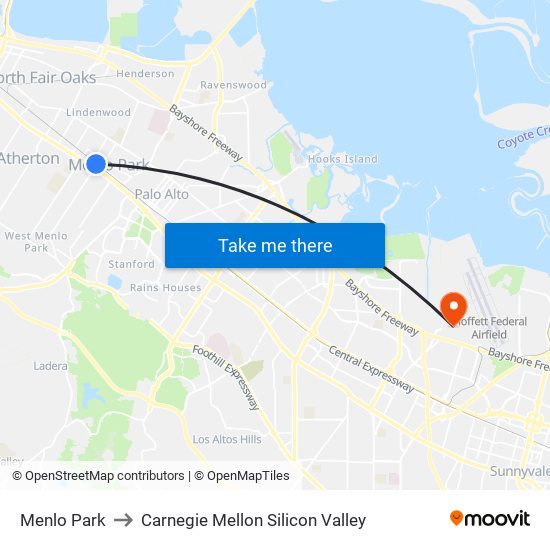 Menlo Park to Carnegie Mellon Silicon Valley map