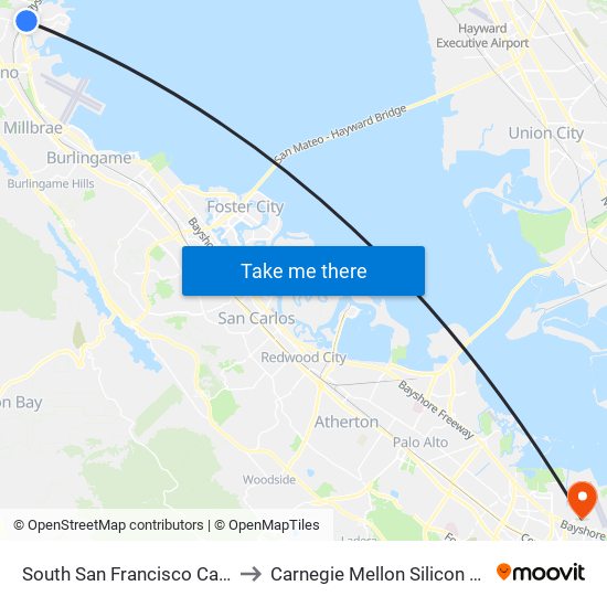 South San Francisco Caltrain to Carnegie Mellon Silicon Valley map