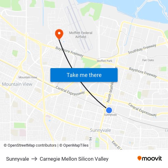 Sunnyvale to Carnegie Mellon Silicon Valley map