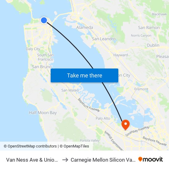 Van Ness Ave & Union St to Carnegie Mellon Silicon Valley map