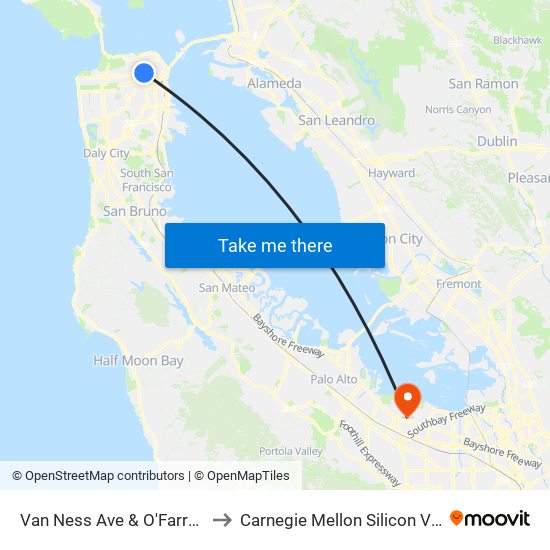 Van Ness Ave & O'Farrell St to Carnegie Mellon Silicon Valley map