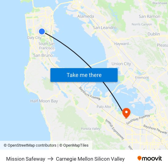 Mission Safeway to Carnegie Mellon Silicon Valley map