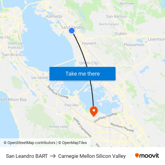 San Leandro BART to Carnegie Mellon Silicon Valley map