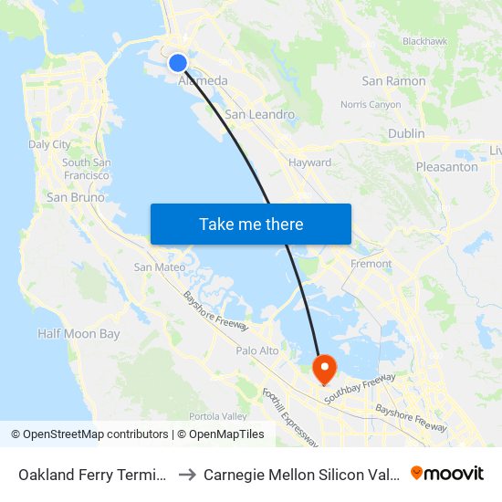 Oakland Ferry Terminal to Carnegie Mellon Silicon Valley map