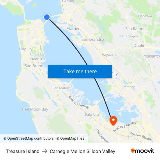 Treasure Island to Carnegie Mellon Silicon Valley map